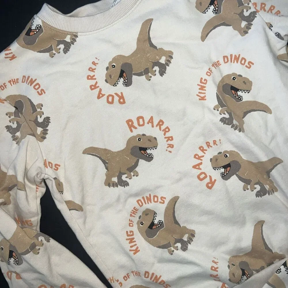 H&M BOYS 6-8 CREWNECK+JOGGERS dinosaur King Of Dinos ROAR BEIGE Cotton Fleece HM - Picture 3 of 5